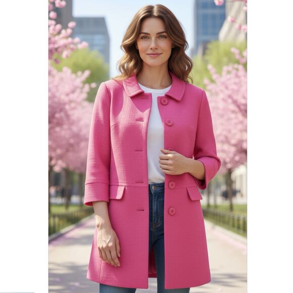 Talbots Button Up Jacket Cotton Bright Pink 3/4 Sleeved Size 8 Preppy Top Coat - Picture 1 of 11